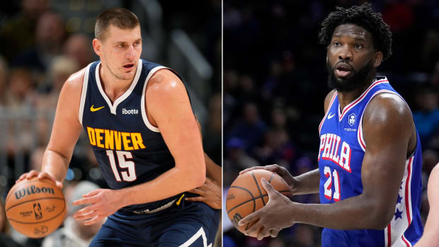 A split image of Denver Nuggets player Nikola Jokic and Philadelphia 76ers player Joel Embiid.